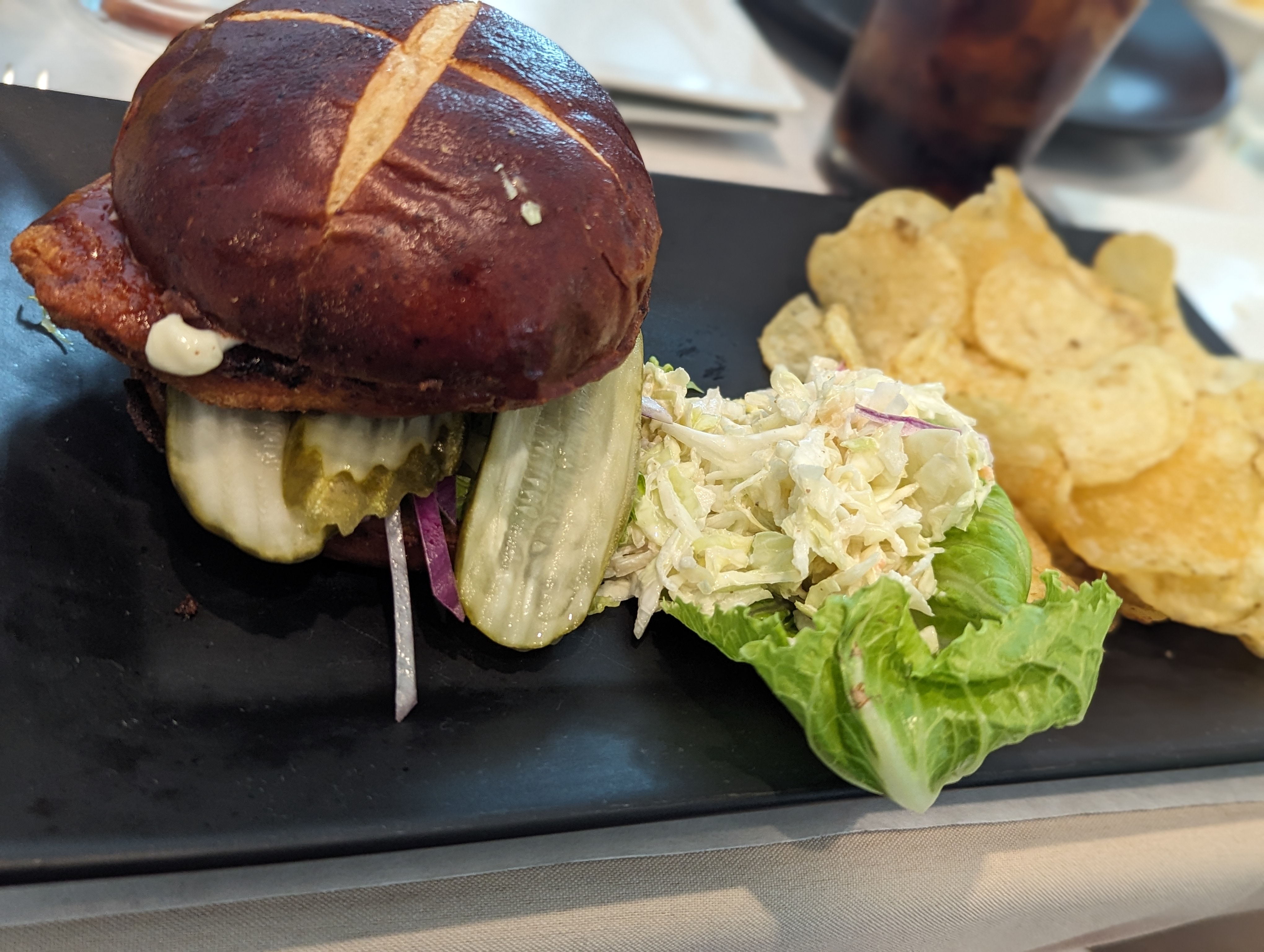 Pretzel roll fish sandwich at Saltbox Cafe